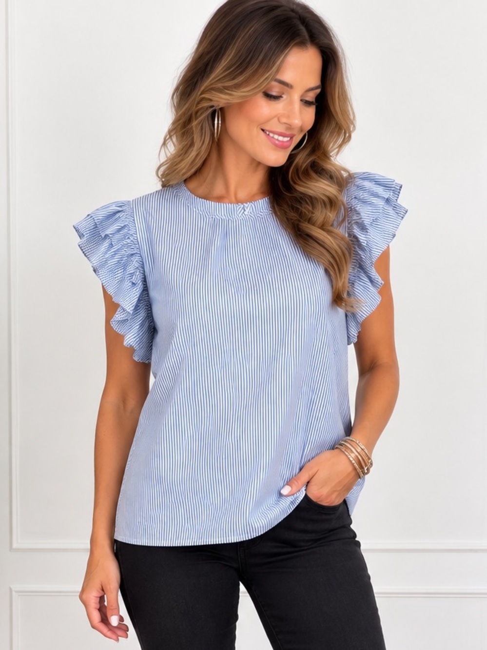 💙 Blue & White Pinstripe Ruffle Sleeve Blouse Size XL